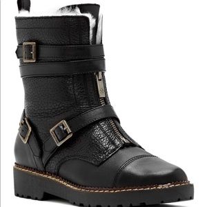 Arturo Chiang Black Leather Moto Boots Zipper Buckle Fur Lined 9.5